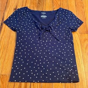 Arizona Jean Co. Navy Blue Polka Dot Tie-Front Tee